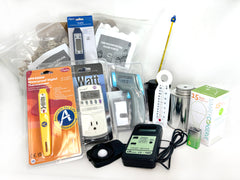 School Energu Experts Kit photo with following pictured: 1 Light emitting diode bulb (LED)* 1 Kill A Watt® meter  * 5 Sets of radiation cans (2 per set)* 10 Lab thermometers*      2 Bags of insulating materials (cellulose, packing peanuts)  * 5 Boxes* 3 Student thermometers   *            1 Light meter *        1 Waterproof digital thermometer* 1 Digital humidity/temperature pen (hygrometer) *       1 9-volt Battery (for light meter)* 1 Infrared (IR) thermometer